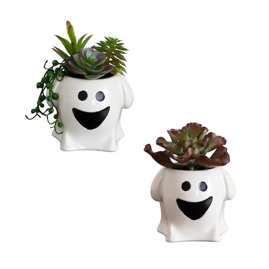 5" Artificial Halloween Succulent Garden in Happy Ghost Planters Set